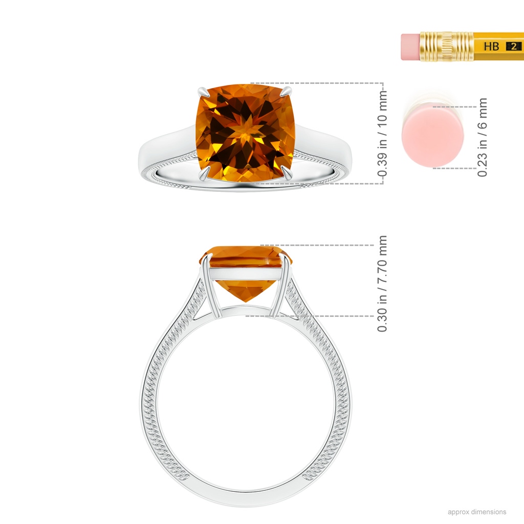 10.06x10.05x6.83mm AA Claw-Set GIA Certified Cushion Citrine Solitaire Ring with Leaf Motifs in P950 Platinum ruler