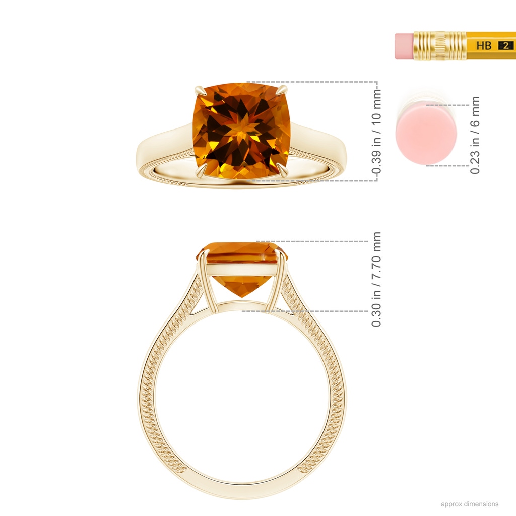 10.06x10.05x6.83mm AA Claw-Set GIA Certified Cushion Citrine Solitaire Ring with Leaf Motifs in Yellow Gold ruler