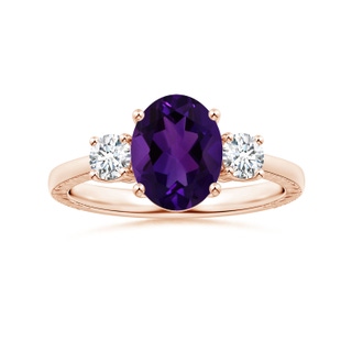 9.19x7.13x4.78mm AA Three Stone GIA Certified Oval Amethyst Reverse Tapered Shank Feather Ring in 10K Rose Gold