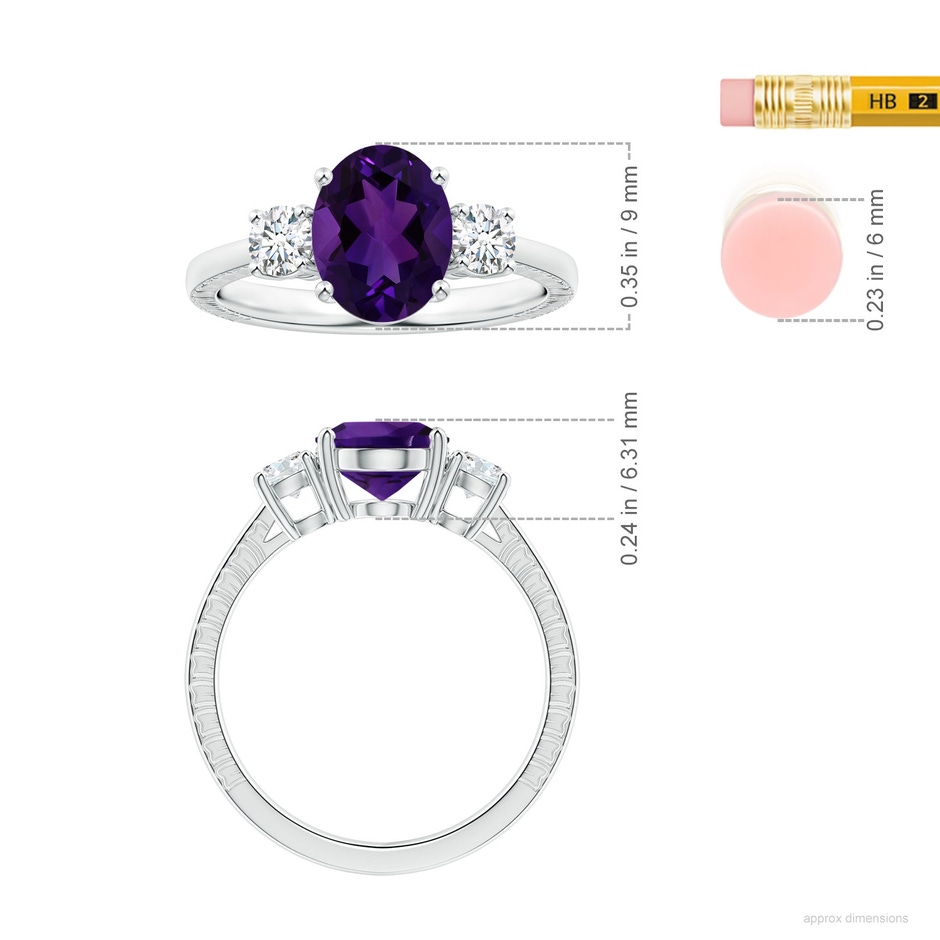 9.19x7.13x4.78mm AA Three Stone GIA Certified Oval Amethyst Reverse Tapered Shank Feather Ring in 18K White Gold ruler