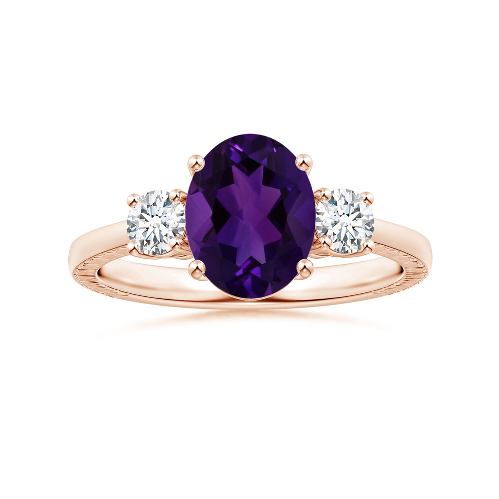 9.19x7.13x4.78mm AA Three Stone GIA Certified Oval Amethyst Reverse Tapered Shank Feather Ring in Rose Gold