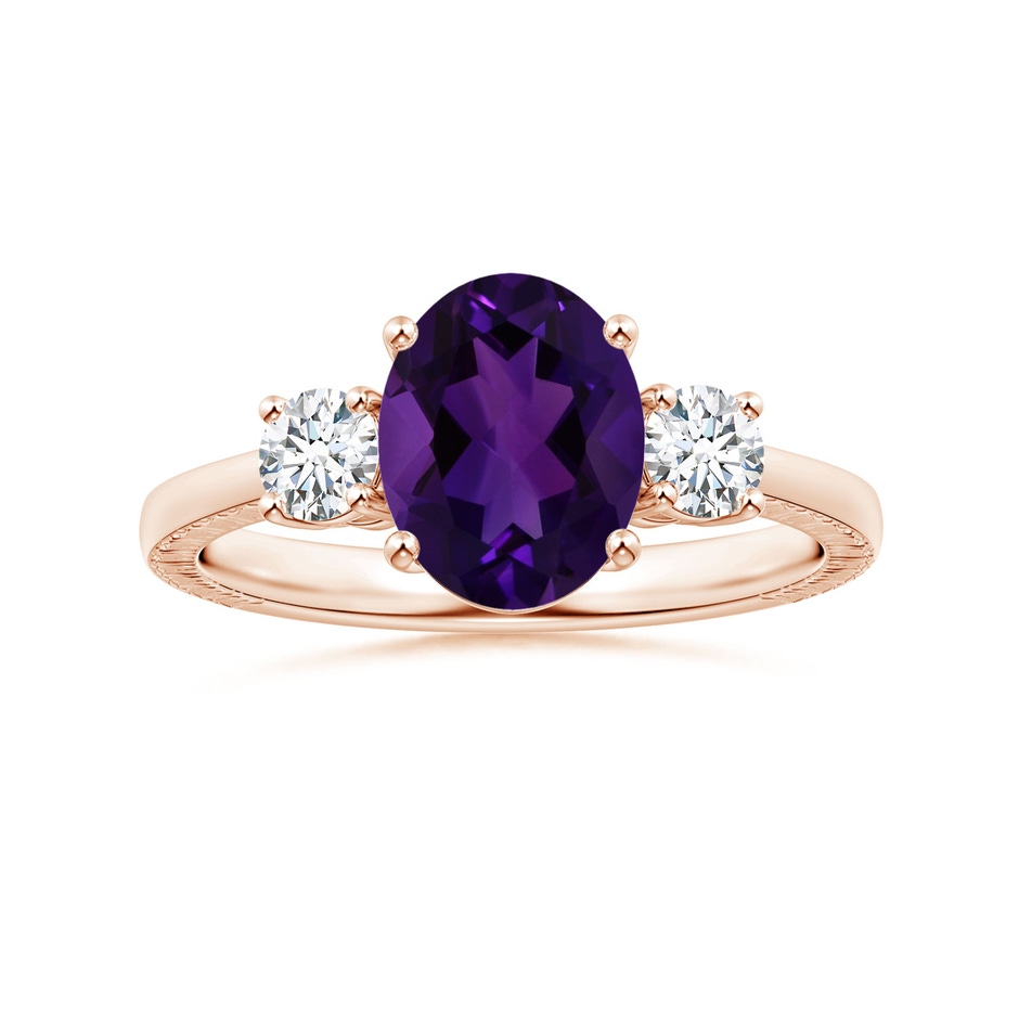 9.19x7.13x4.78mm AA Three Stone GIA Certified Oval Amethyst Reverse Tapered Shank Feather Ring in Rose Gold 