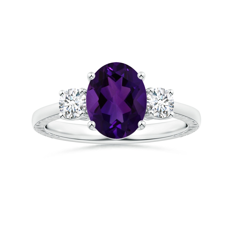 9.19x7.13x4.78mm AA Three Stone GIA Certified Oval Amethyst Reverse Tapered Shank Feather Ring in White Gold 