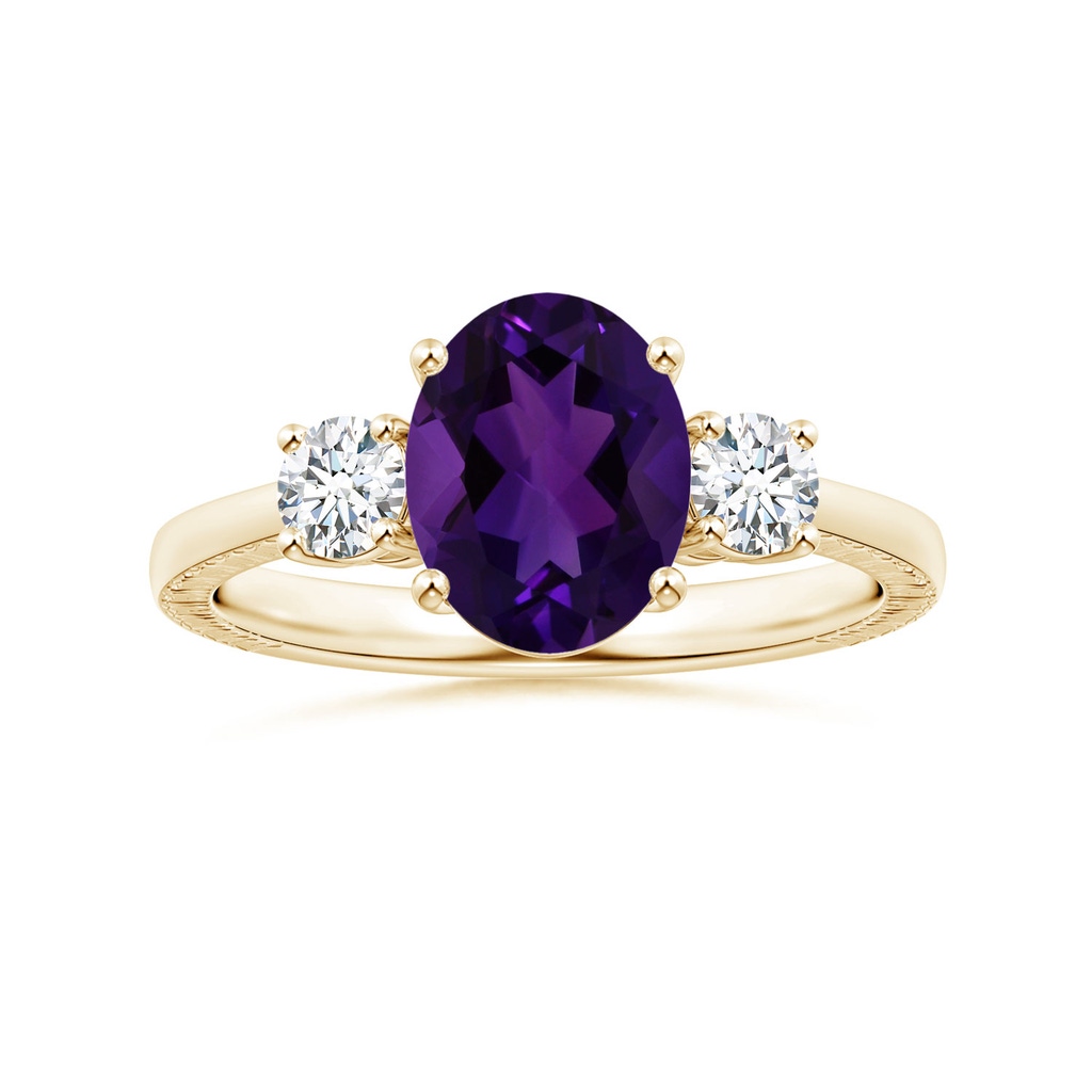 9.19x7.13x4.78mm AA Three Stone GIA Certified Oval Amethyst Reverse Tapered Shank Feather Ring in Yellow Gold
