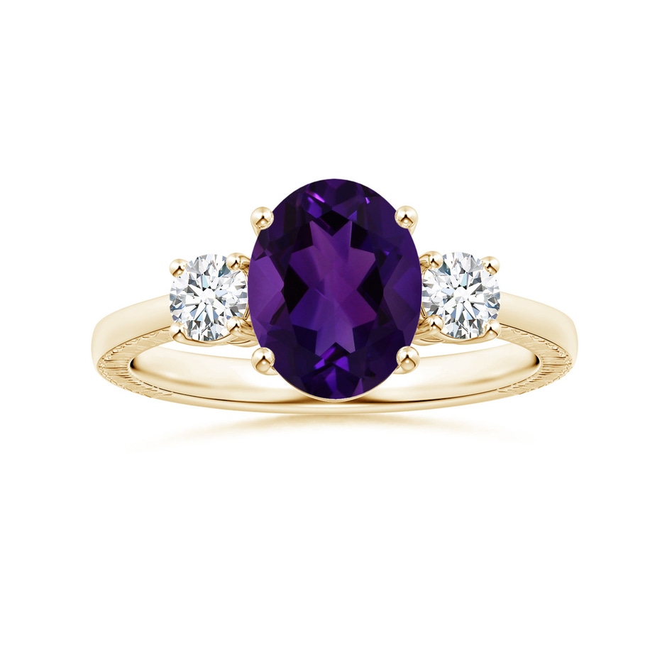 9.19x7.13x4.78mm AA Three Stone GIA Certified Oval Amethyst Reverse Tapered Shank Feather Ring in Yellow Gold 