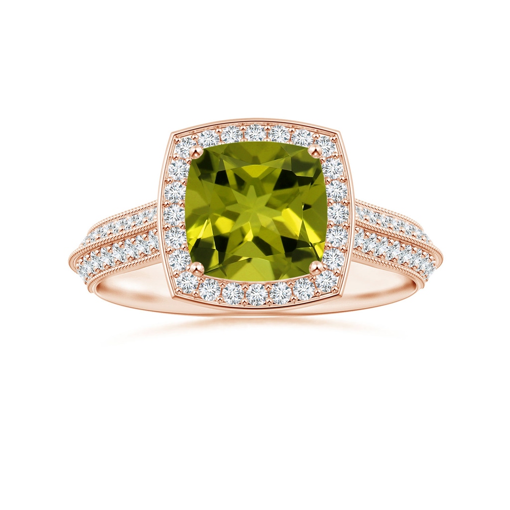 7.13x7.11x4.18mm AA Knife-Edge Shank GIA Certified Cushion Peridot Halo Ring in 10K Rose Gold