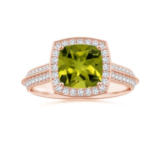 7.13x7.11x4.18mm AA Knife-Edge Shank GIA Certified Cushion Peridot Halo Ring in 18K Rose Gold