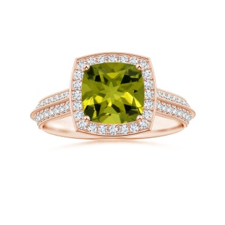 7.13x7.11x4.18mm AA Knife-Edge Shank GIA Certified Cushion Peridot Halo Ring in 9K Rose Gold