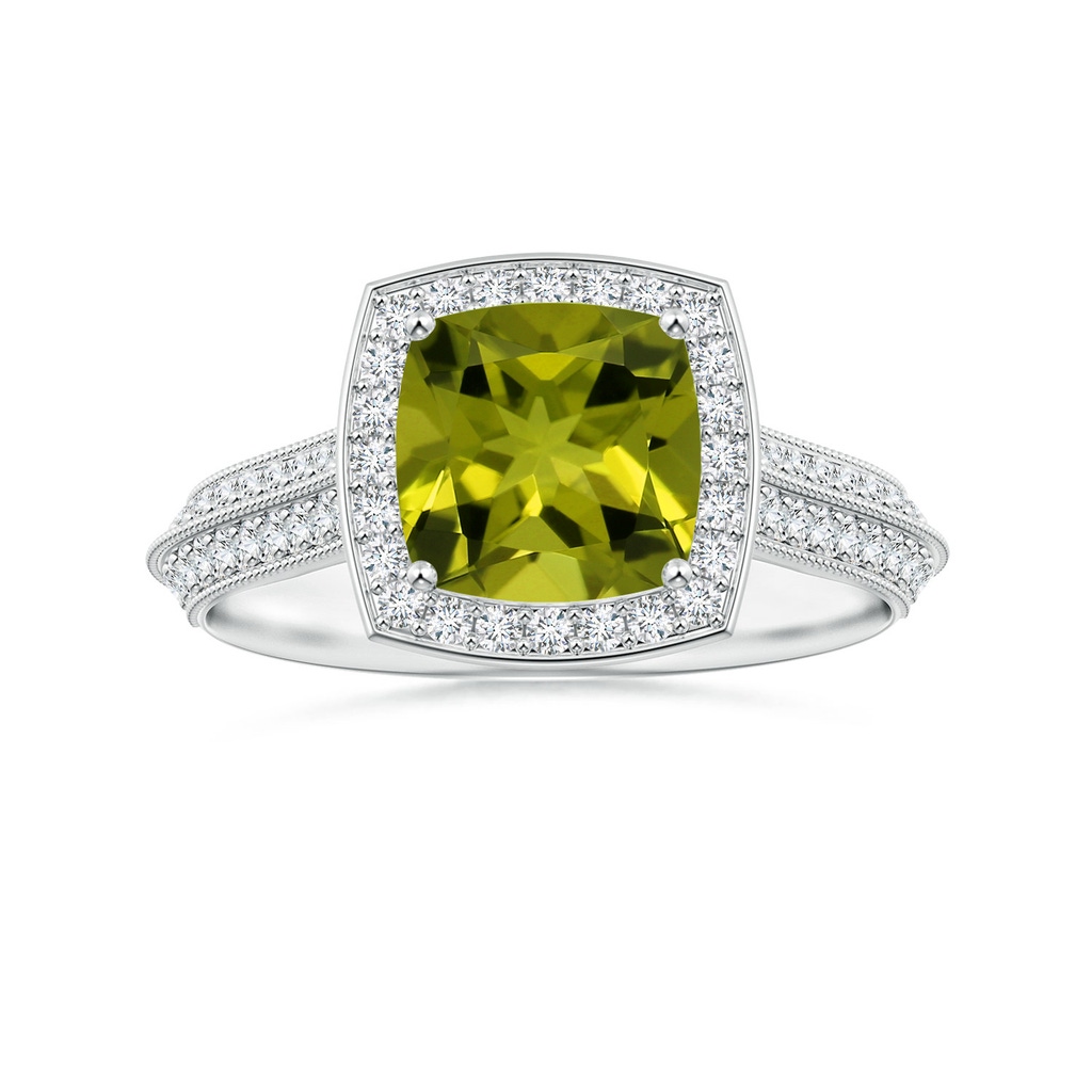 7.13x7.11x4.18mm AA Knife-Edge Shank GIA Certified Cushion Peridot Halo Ring in P950 Platinum