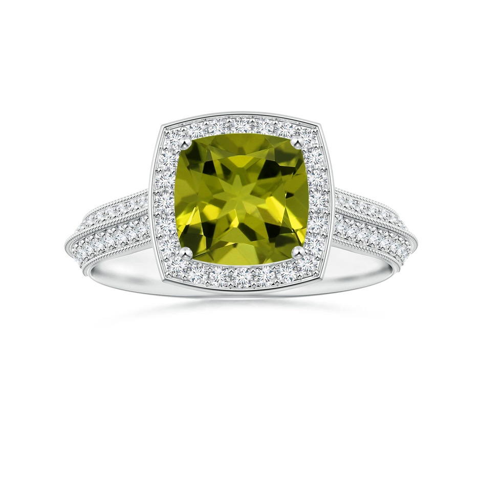 7.13x7.11x4.18mm AA Knife-Edge Shank GIA Certified Cushion Peridot Halo Ring in P950 Platinum 