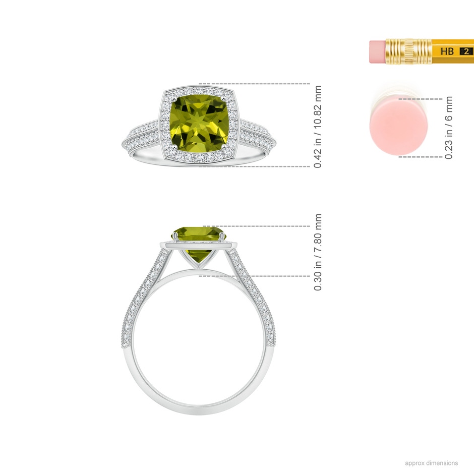 7.13x7.11x4.18mm AA Knife-Edge Shank GIA Certified Cushion Peridot Halo Ring in P950 Platinum ruler