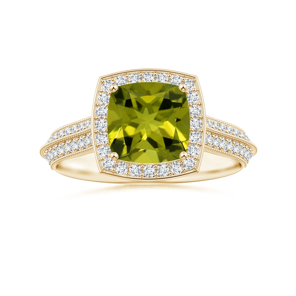 7.13x7.11x4.18mm AA Knife-Edge Shank GIA Certified Cushion Peridot Halo Ring in Yellow Gold