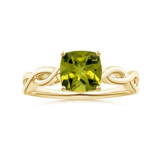 7.13x7.11x4.18mm AA Prong-Set GIA Certified Solitaire Cushion Peridot Twisted Shank Ring in 18K Yellow Gold