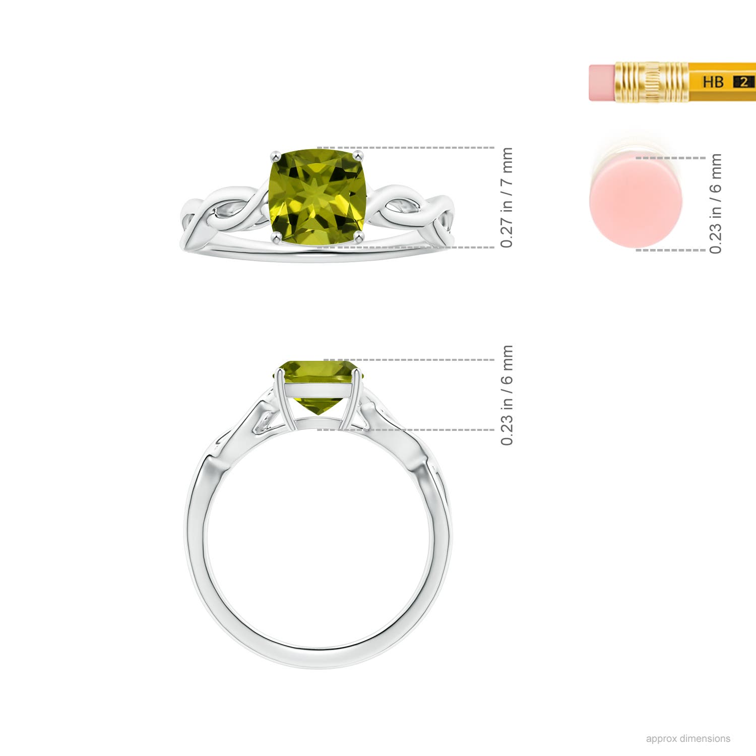 7.13x7.11x4.18mm AA Prong-Set GIA Certified Solitaire Cushion Peridot Twisted Shank Ring in White Gold - ruler