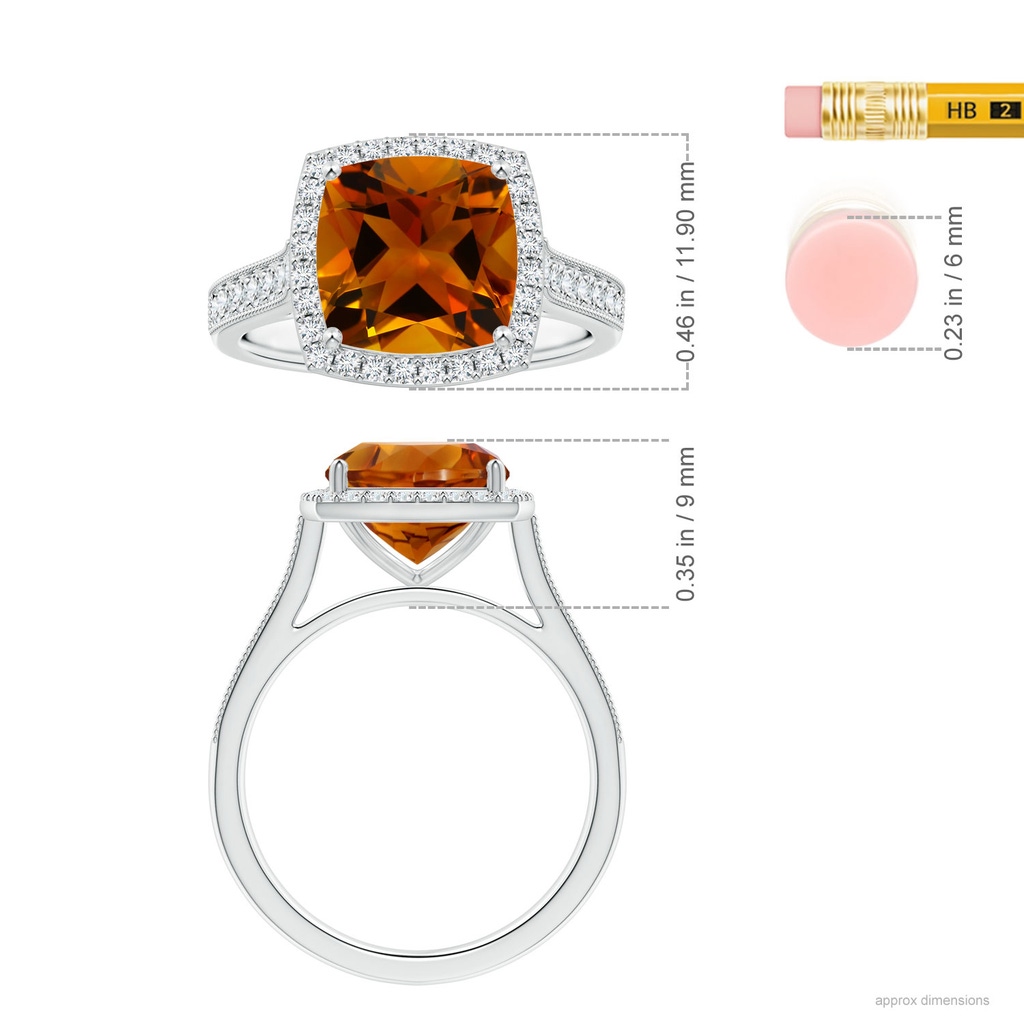9.08x9.07x5.96mm AAA GIA Certified Cushion Citrine Halo Ring with Milgrain in White Gold ruler