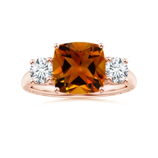 9.08x9.07x5.96mm AAA Three Stone GIA Certified Cushion Citrine Tapered Ring with Scrollwork in 18K Rose Gold