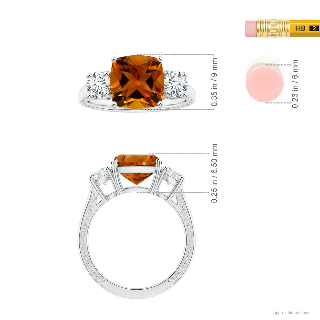 9.08x9.07x5.96mm AAA Three Stone GIA Certified Cushion Citrine Tapered Ring with Scrollwork in P950 Platinum ruler