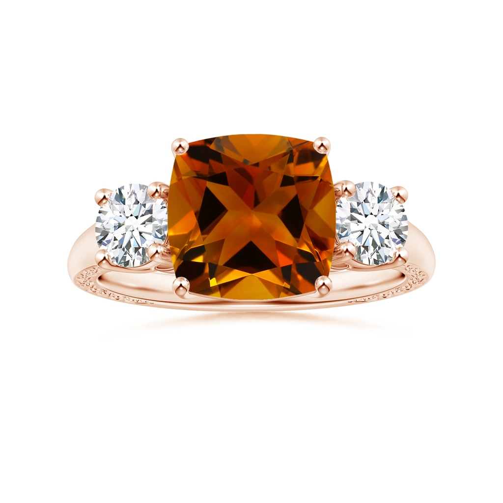 9.08x9.07x5.96mm AAA Three Stone GIA Certified Cushion Citrine Tapered Ring with Scrollwork in Rose Gold