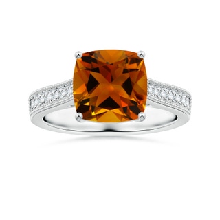 9.08x9.07x5.96mm AAA GIA Certified Cushion Citrine Reverse Tapered Ring with Milgrain in 18K White Gold