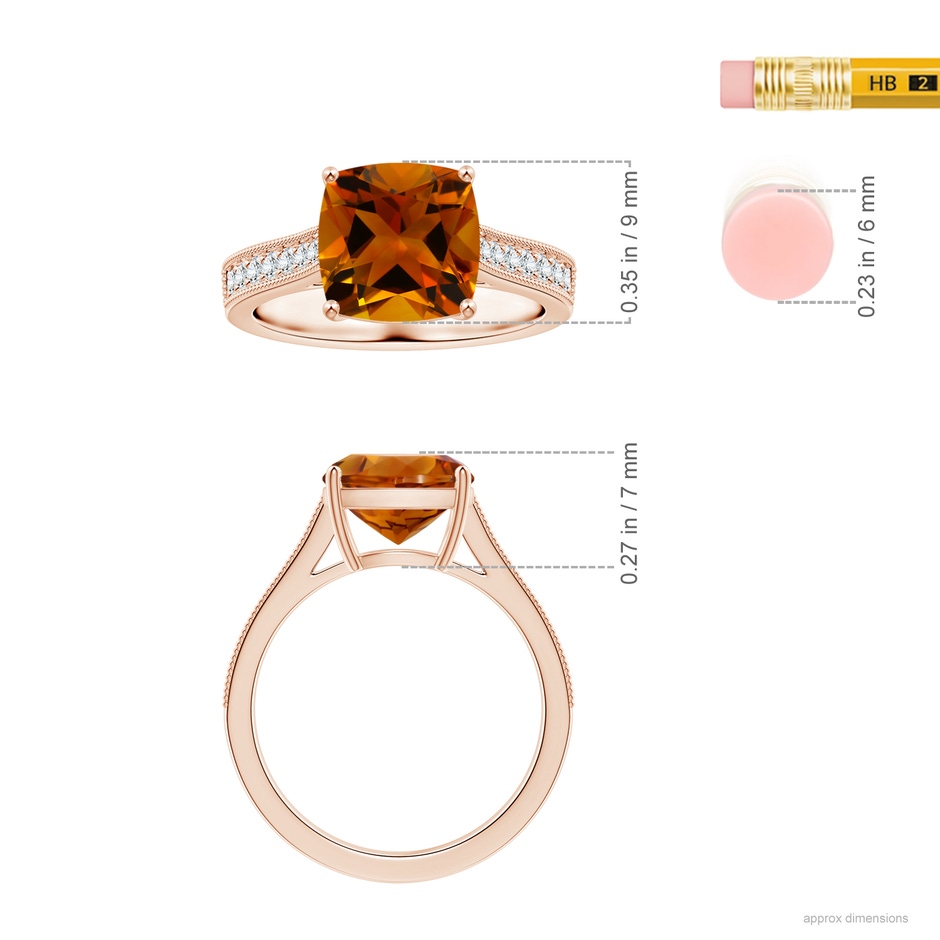 9.08x9.07x5.96mm AAA GIA Certified Cushion Citrine Reverse Tapered Ring with Milgrain in 9K Rose Gold ruler