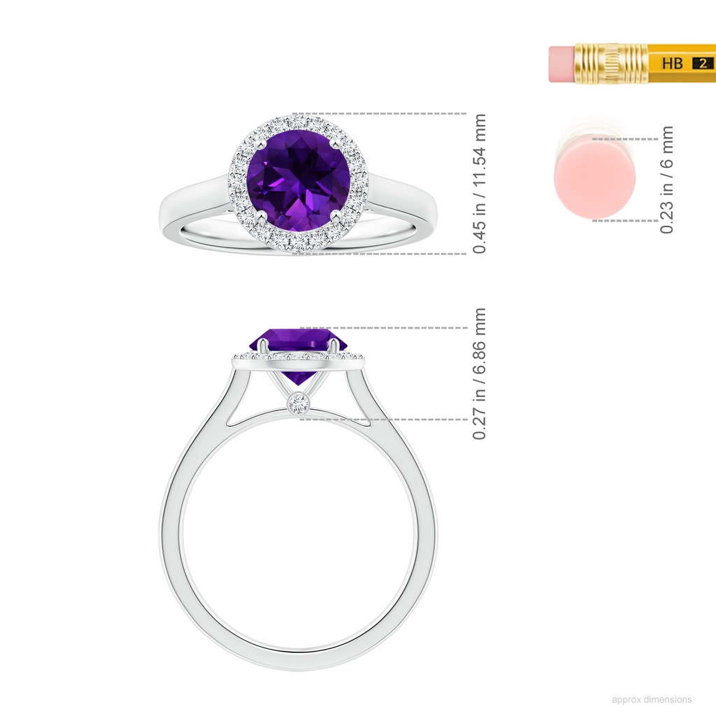 8.16x8.06x5.44mm AA GIA Certified Round Amethyst Leaf Ring with Diamond Halo in White Gold ruler