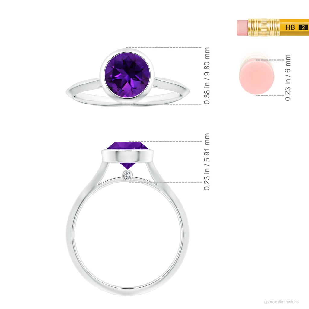 8.16x8.06x5.44mm AA Bezel-Set GIA Certified Solitaire Round Amethyst Knife-Edge Shank Ring in White Gold ruler