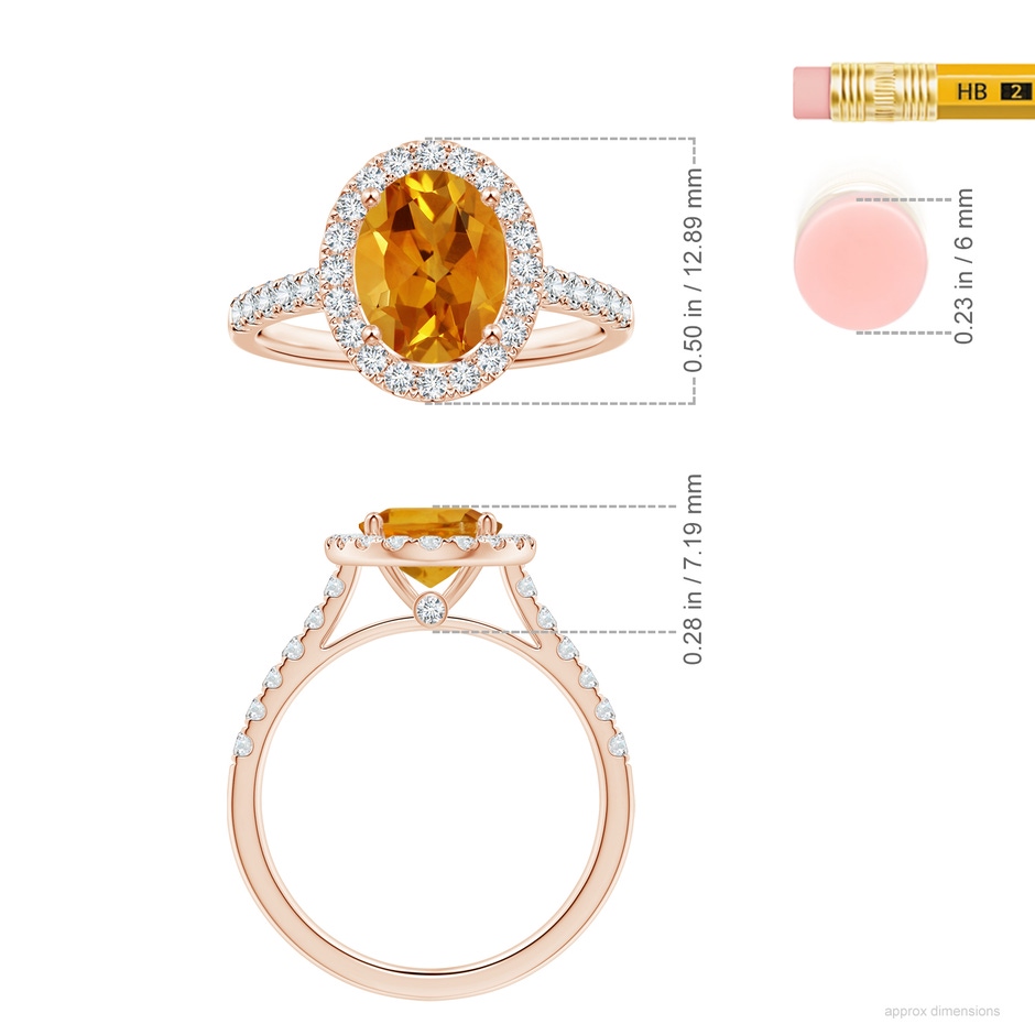 9.07x6.98x4.80mm AAAA GIA Certified Oval Citrine Ring with Diamond Halo in Rose Gold ruler