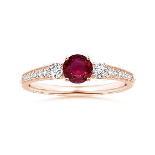 5.80x5.65x2.92mm AAA Three Stone Ruby Tapered Ring with Milgrain in 9K Rose Gold