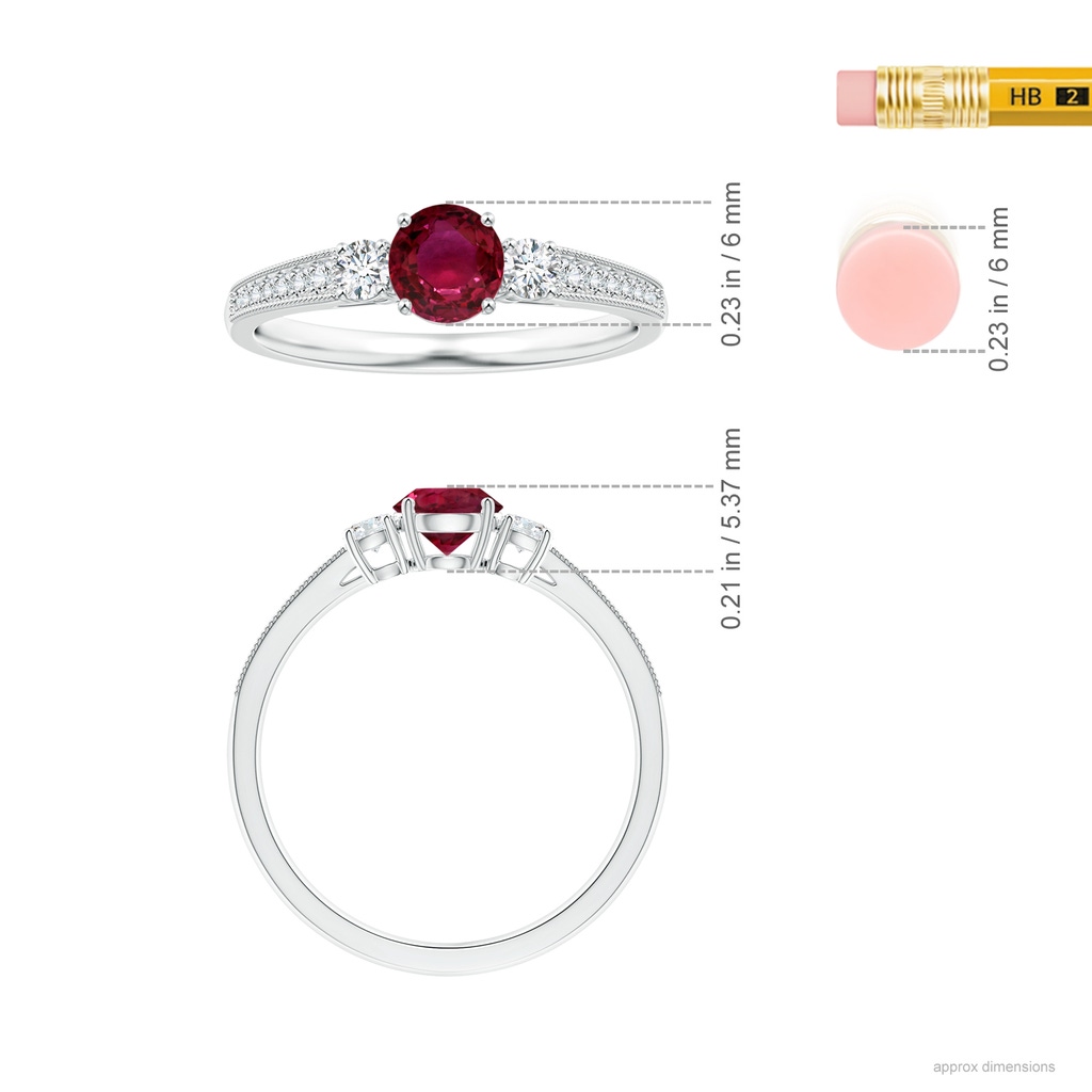 5.80x5.65x2.92mm AAA Three Stone Ruby Tapered Ring with Milgrain in P950 Platinum ruler