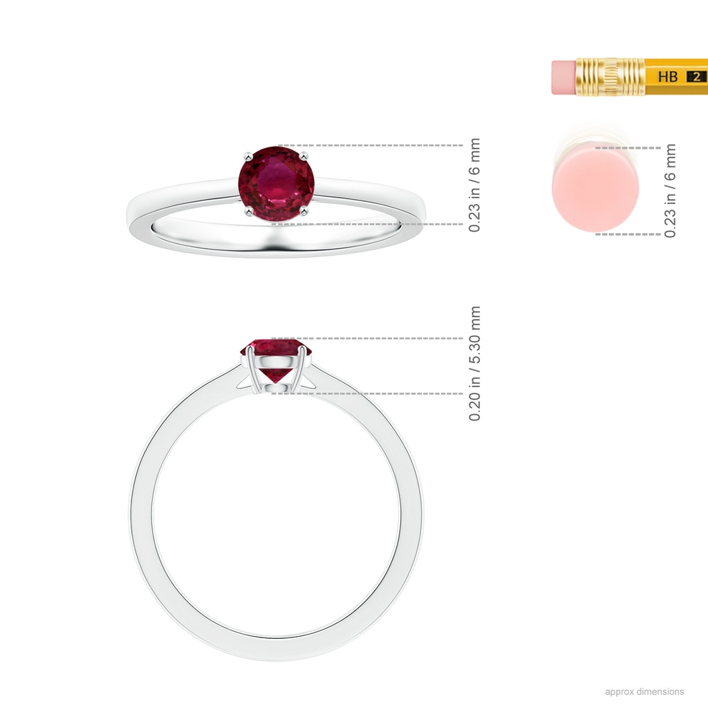 5.80x5.65x2.92mm AAA Prong-Set Solitaire Round Ruby Reverse Tapered Shank Ring in P950 Platinum ruler