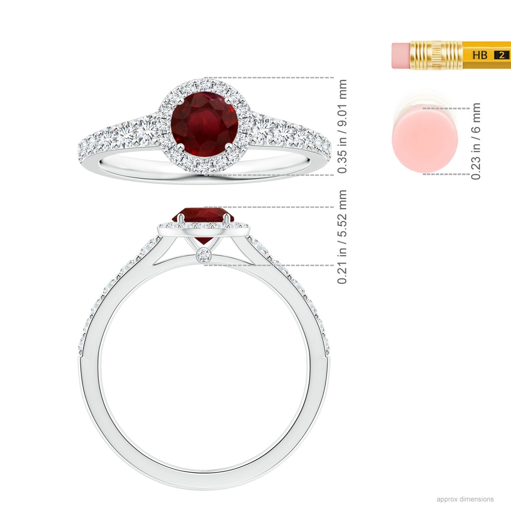 5.78-5.85x3.09mm AA GIA Certified Round Ruby Tapered Shank Ring with Halo  in 18K White Gold Ruler