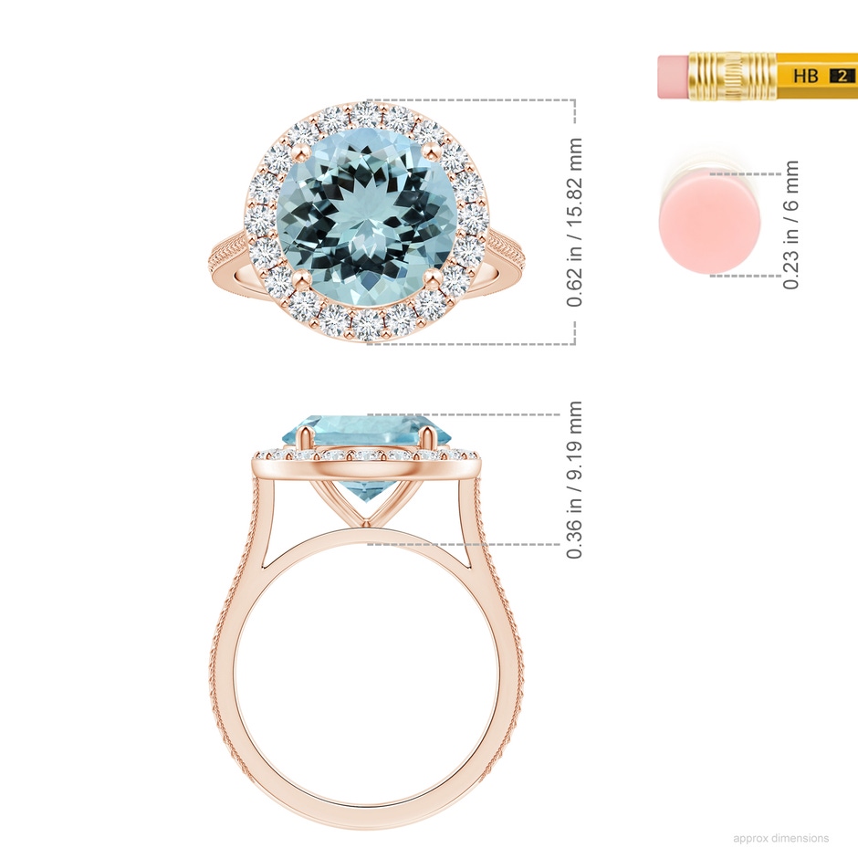11.10x10.85x6.44mm AA GIA Certified Aquamarine Halo Ring with Reverse Tapered Shank in Rose Gold ruler