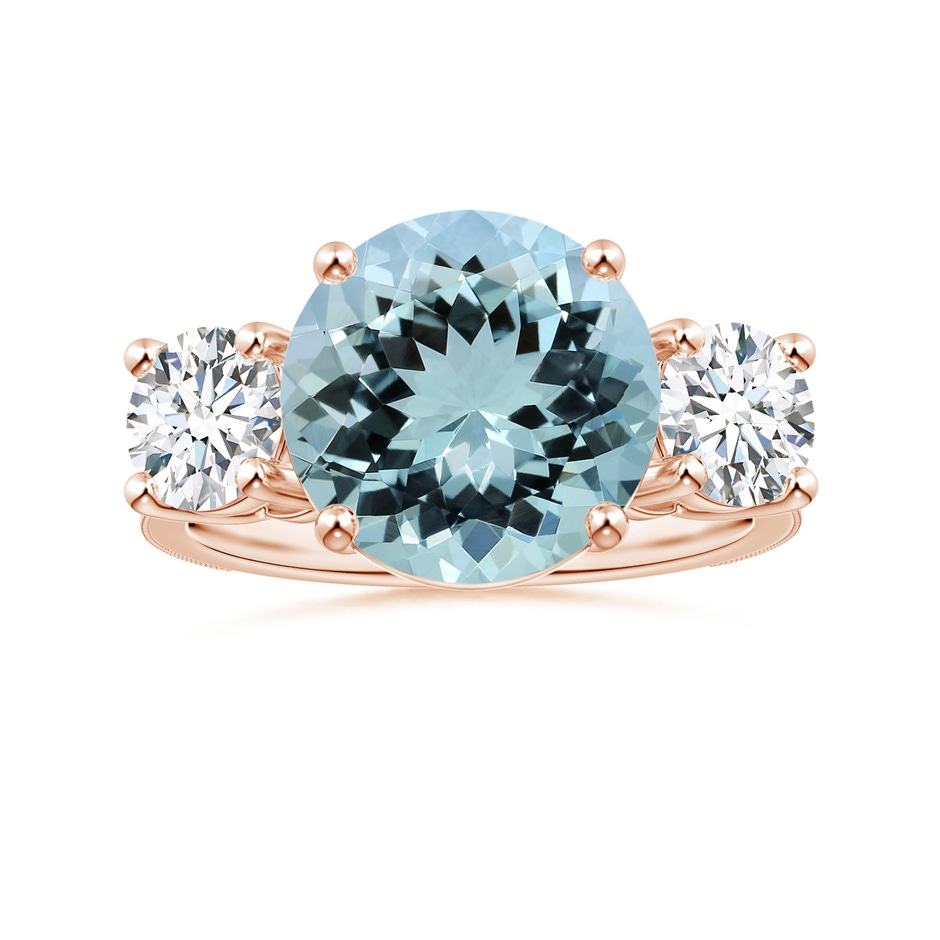 11.10x10.85x6.44mm AA GIA Certified Three Stone Aquamarine Reverse Tapered Shank Ring with Leaf Motifs in 18K Rose Gold 