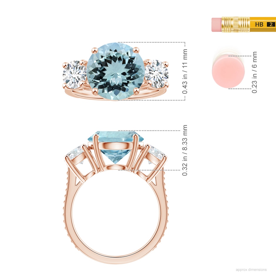 11.10x10.85x6.44mm AA GIA Certified Three Stone Aquamarine Reverse Tapered Shank Ring with Leaf Motifs in 18K Rose Gold ruler