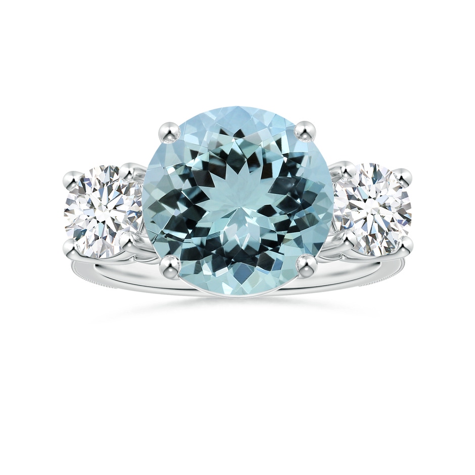 11.10x10.85x6.44mm AA GIA Certified Three Stone Aquamarine Reverse Tapered Shank Ring with Leaf Motifs in 9K White Gold 