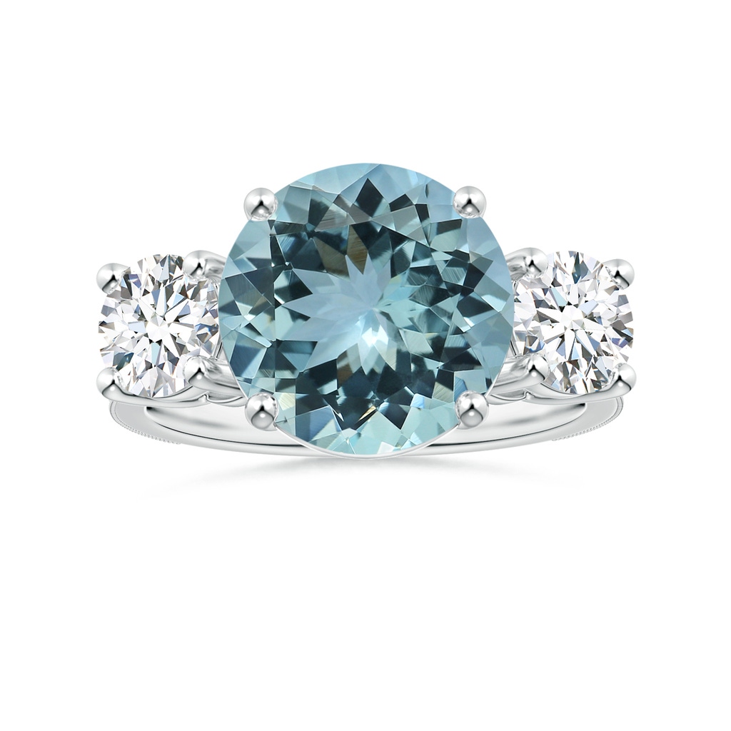 11.14x10.98x6.69mm AA GIA Certified Three Stone Aquamarine Reverse Tapered Shank Ring with Leaf Motifs in White Gold