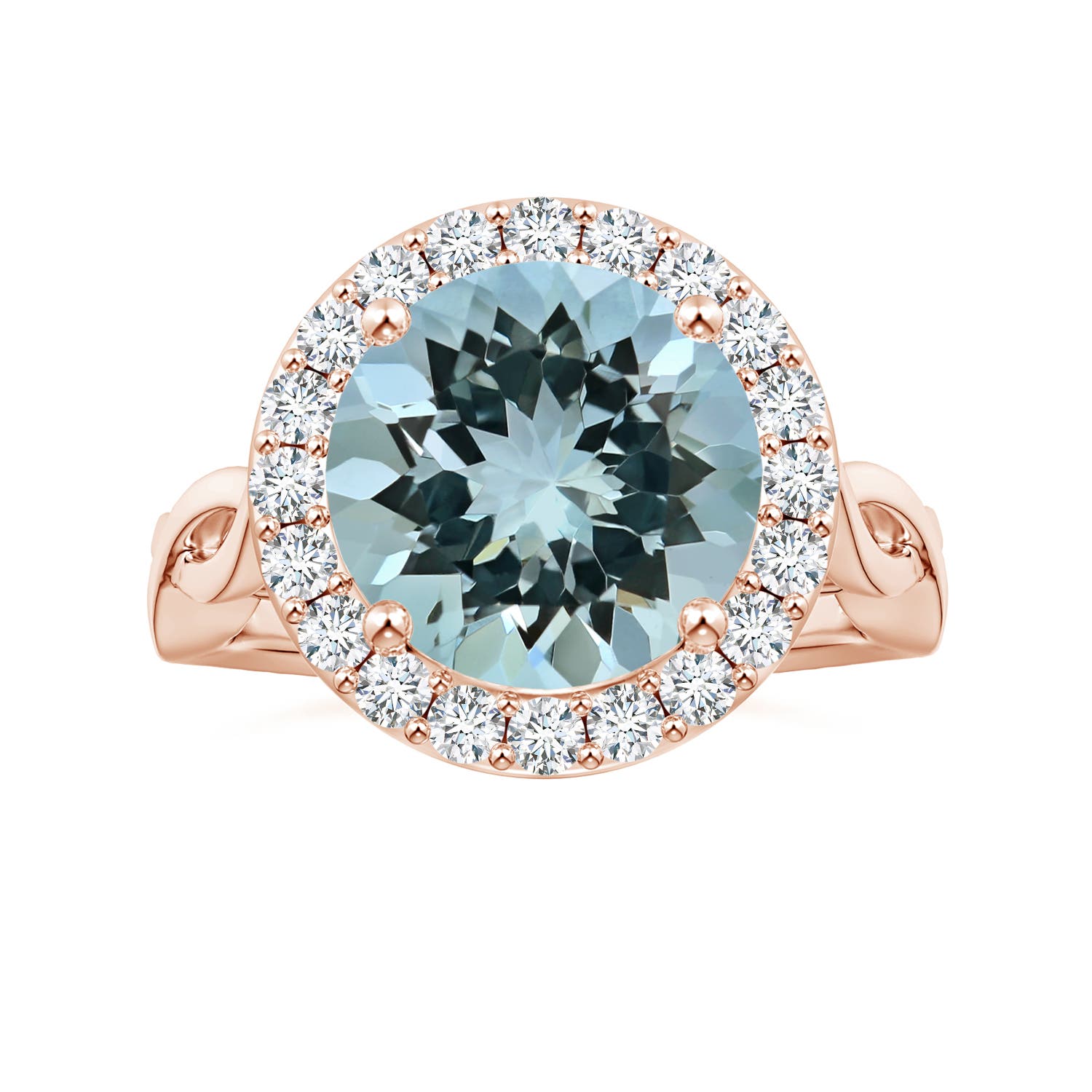 11.09x11.02x6.77mm AAA GIA Certified Round Aquamarine Twisted Shank Ring with Diamond Halo in 18CT Rose Gold