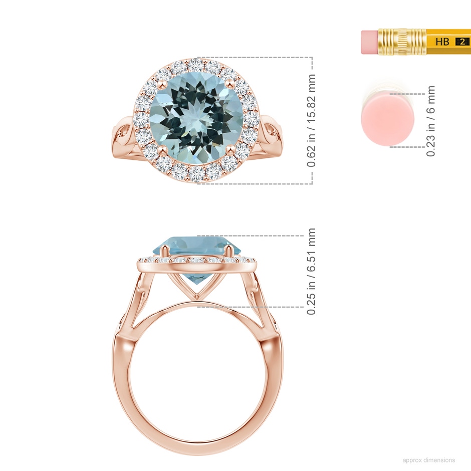 11.09x11.02x6.77mm AAA GIA Certified Round Aquamarine Twisted Shank Ring with Diamond Halo in 18K Rose Gold ruler