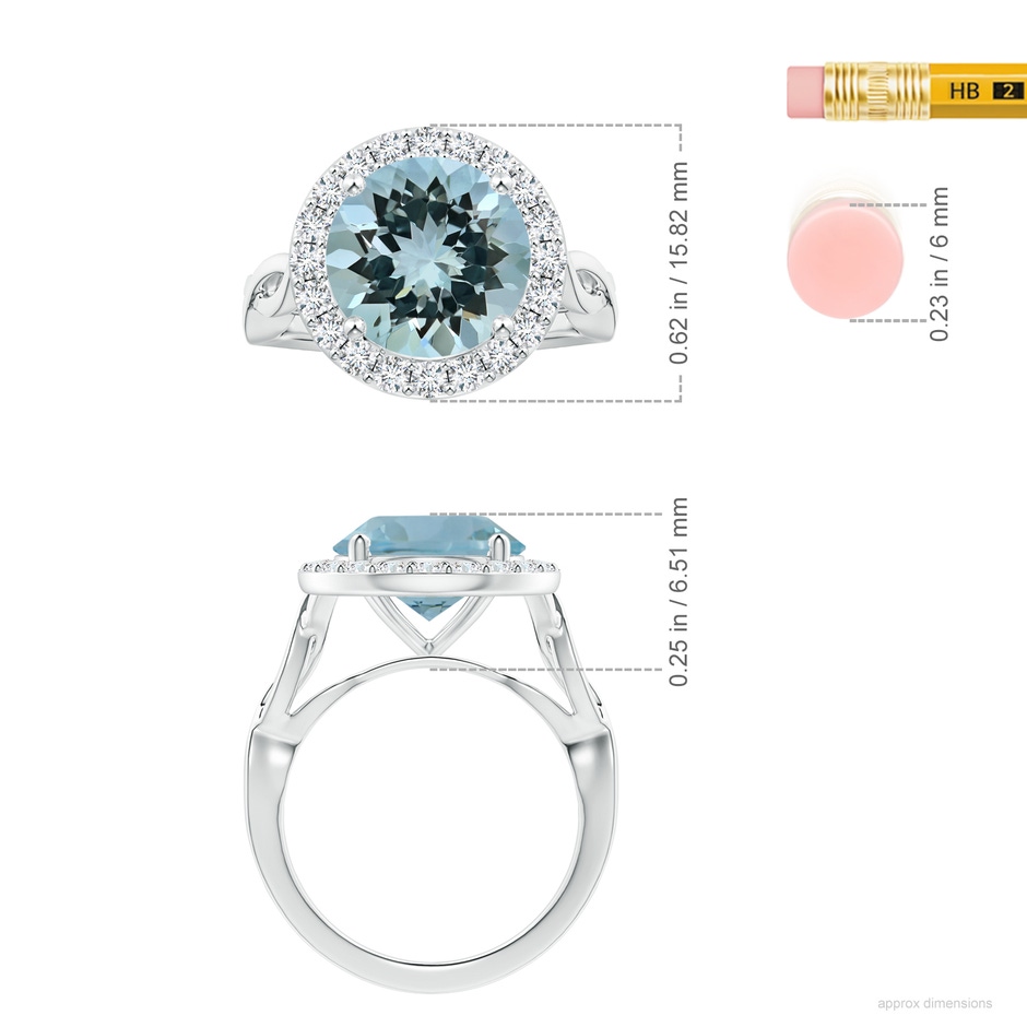 11.09x11.02x6.77mm AAA GIA Certified Round Aquamarine Twisted Shank Ring with Diamond Halo in 18K White Gold ruler