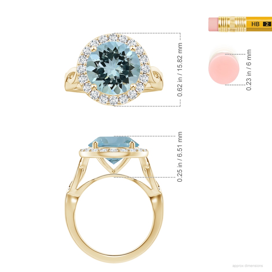 11.09x11.02x6.77mm AAA GIA Certified Round Aquamarine Twisted Shank Ring with Diamond Halo in Yellow Gold ruler