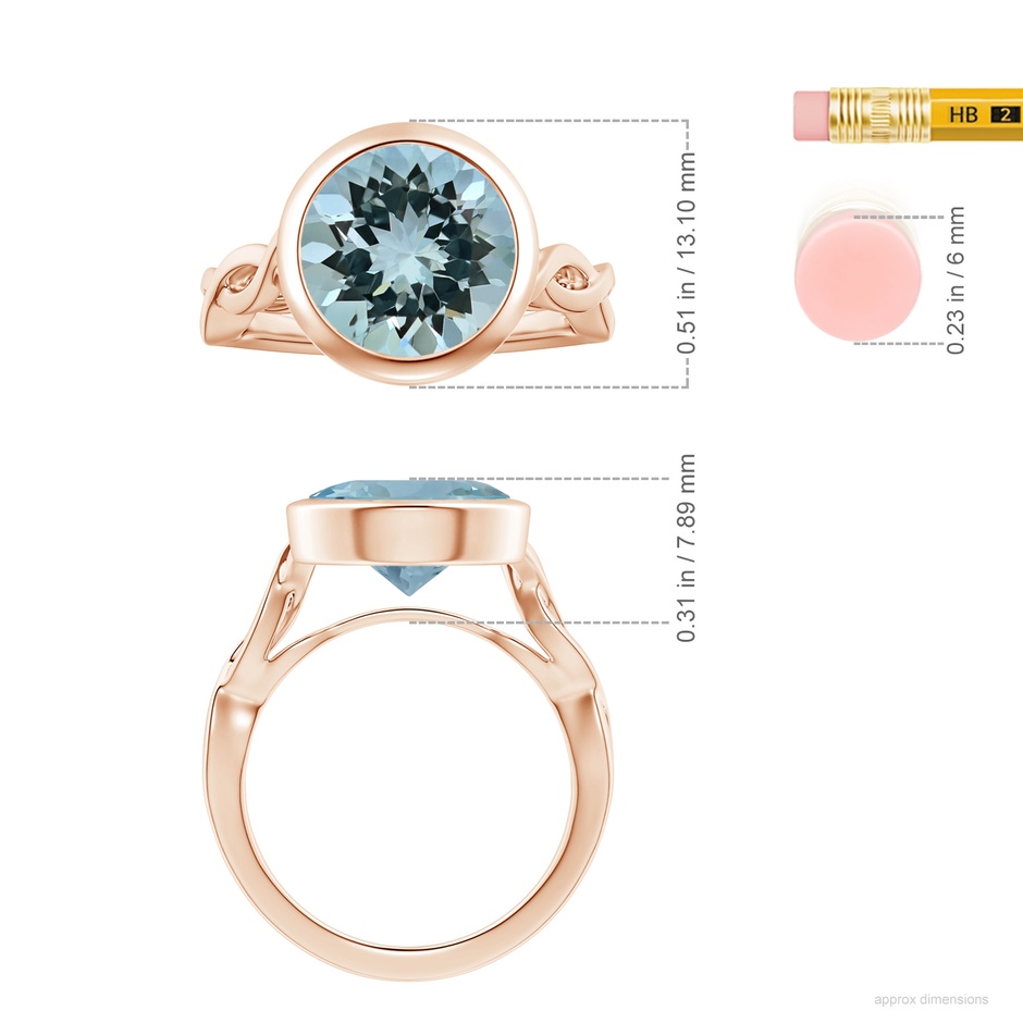 11.09x11.02x6.77mm AAA Bezel-Set GIA Certified Solitaire Round Aquamarine Twisted Shank Ring in 9K Rose Gold ruler