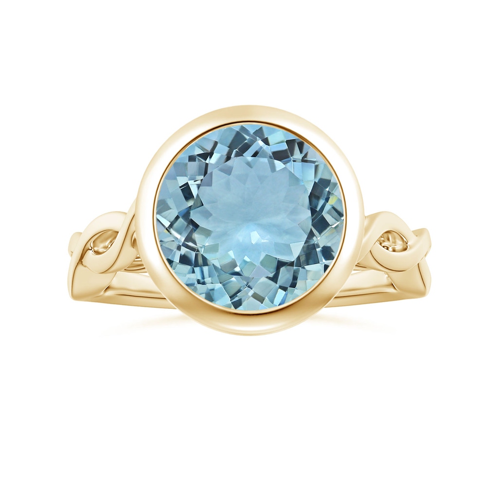 11.12x11.07x6.80mm AAA Bezel-Set GIA Certified Solitaire Round Aquamarine Twisted Shank Ring in 10K Yellow Gold 