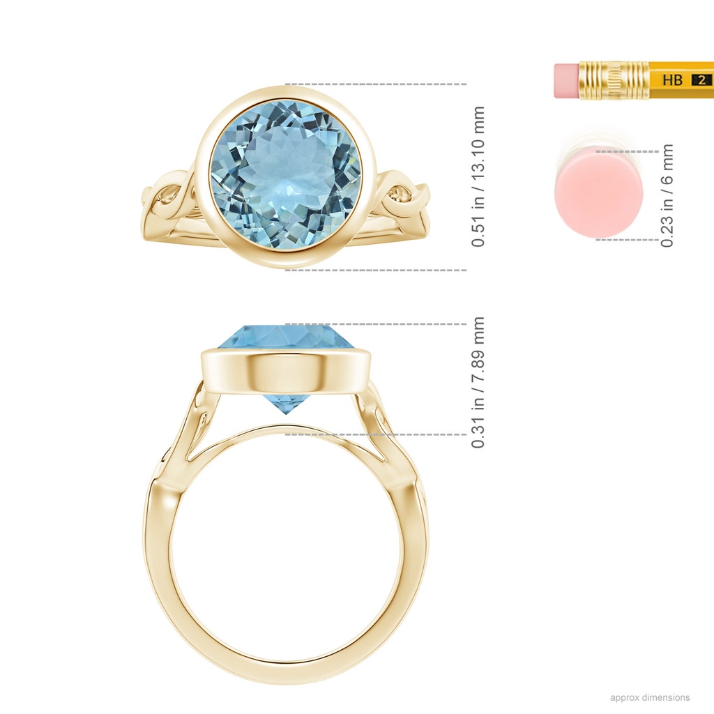 11.12x11.07x6.80mm AAA Bezel-Set GIA Certified Solitaire Round Aquamarine Twisted Shank Ring in 10K Yellow Gold ruler