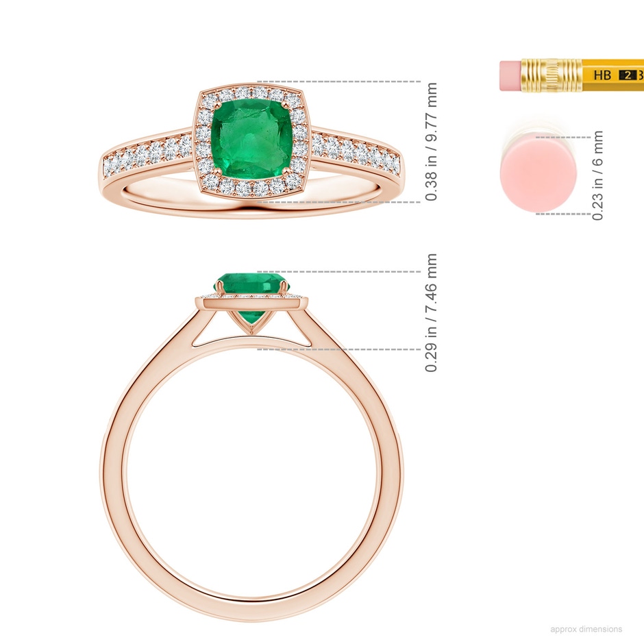 6.22x6.22x3.38mm AAAA GIA Certified Cushion Emerald Halo Ring with Diamonds in 9K Rose Gold ruler