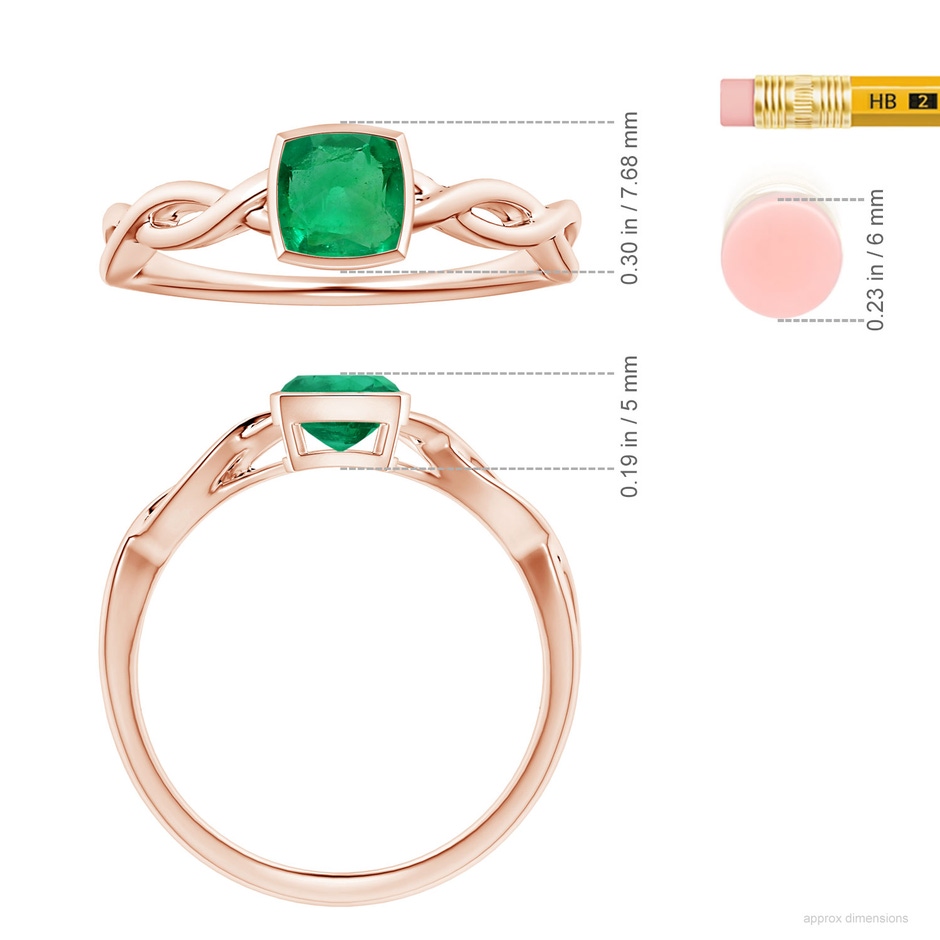 6.22x6.22x3.38mm AAAA GIA Certified Bezel-Set Solitaire Cushion Emerald Twisted Shank Ring in 18K Rose Gold ruler