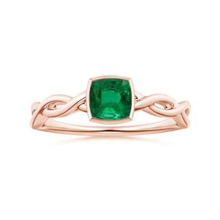 7.09x5.95x4.18mm AAAA Bezel-Set Solitaire Cushion Emerald Twisted Shank Ring in 10K Rose Gold