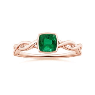 7.09x5.95x4.18mm AAAA Bezel-Set Solitaire Cushion Emerald Twisted Shank Ring in 18K Rose Gold