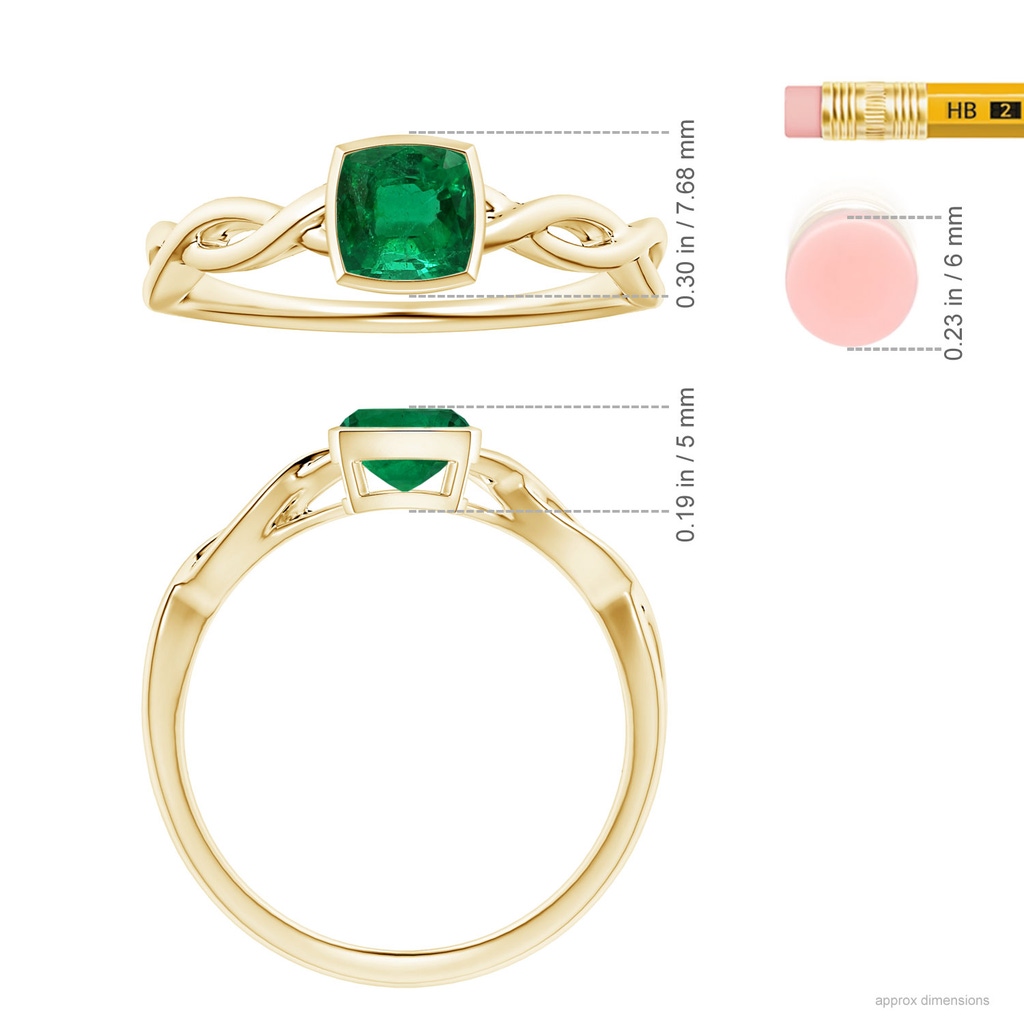 7.09x5.95x4.18mm AAAA Bezel-Set Solitaire Cushion Emerald Twisted Shank Ring in 18K Yellow Gold ruler