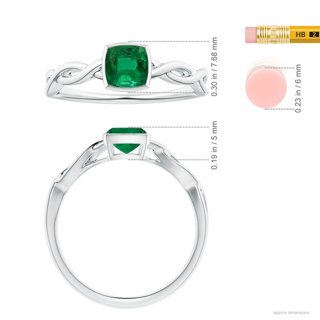 7.09x5.95x4.18mm AAAA Bezel-Set Solitaire Cushion Emerald Twisted Shank Ring in White Gold ruler