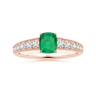 6.22x6.22x3.38mm AAAA GIA Certified Prong-Set Cushion Emerald Ring with Diamonds & Milgrain in 18K Rose Gold